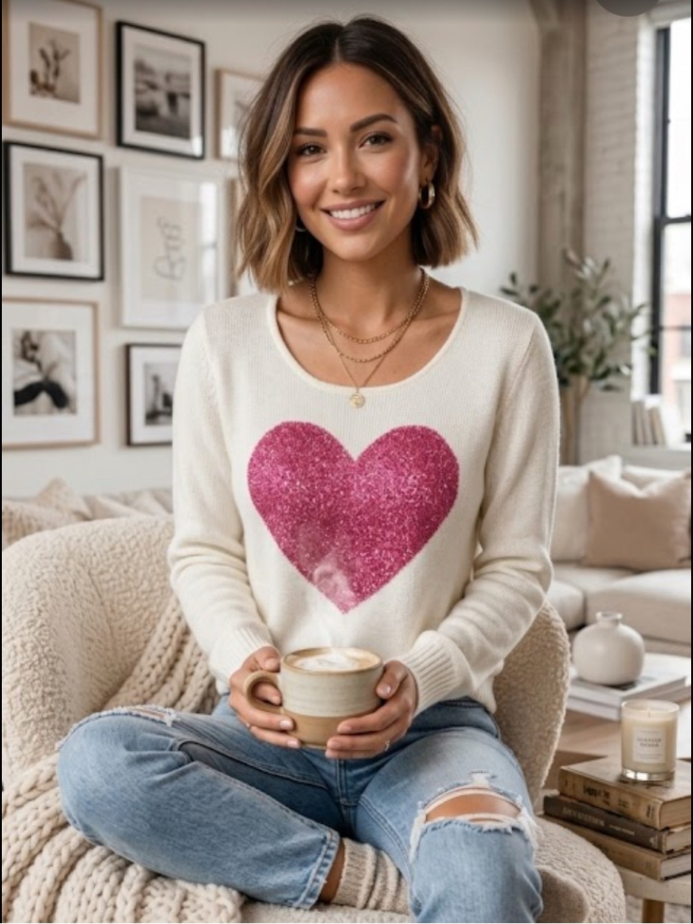 🔥Sequins Heart Pink Graphic White Scoop Neck Cozy Sweater